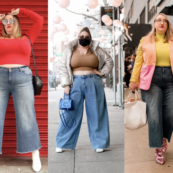 Sarah in three pairs of plus size wide leg jeans on trend for 2021