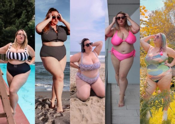Sarah wears 5 different plus size swimsuits, including a striped bikini, a high waisted two piece, a reversible square neck bikini, a hot pink string bikini, and a landscape art print one piece.