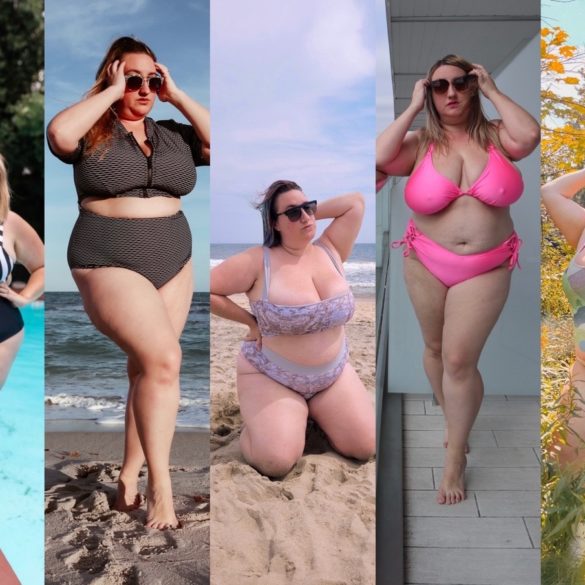 Sarah wears 5 different plus size swimsuits, including a striped bikini, a high waisted two piece, a reversible square neck bikini, a hot pink string bikini, and a landscape art print one piece.