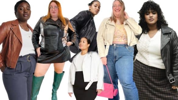Collage of six different plus size leather moto jackets, including two on author Sarah Chiwaya