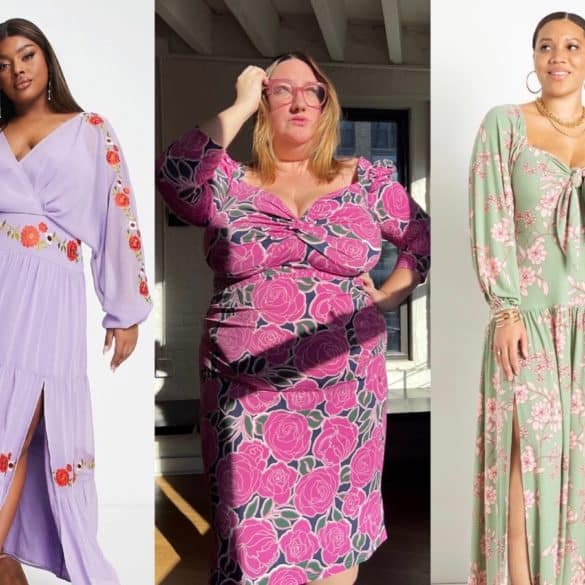 Collage of three plus size Spring 2023 dresses: Floral detail lavender maxi dress on model, graphic rose print midi dress on Sarah Chiwaya, and drop waist mint floral maxi dress on model