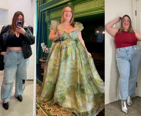 Sarah in three outfits from plus sizes brands having sales for Cyber Monday: Left to right: Real leather plus size jacket from Able in mirror selfie; garden print gown from Selkie with puff sleeves; and rhinsetone studded jeans from Lane Bryant