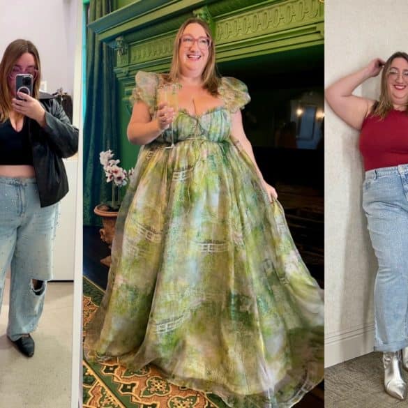 Sarah in three outfits from plus sizes brands having sales for Cyber Monday: Left to right: Real leather plus size jacket from Able in mirror selfie; garden print gown from Selkie with puff sleeves; and rhinsetone studded jeans from Lane Bryant