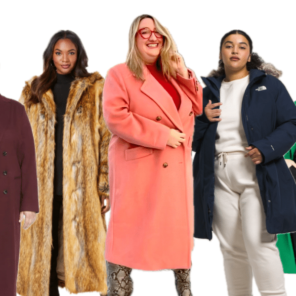Collage of five images of plus size women in coats. with blog author Sarah Chiwaya in the center