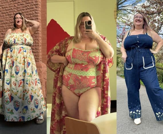 Sarah wearing three plus size clothing items that are marked down during the 2024 Labor Day holiday weekend sales, from left to right: Eloquii lobster and tomato print cotton maxi dress, Printfresh pink tiger swimsuit and coverup, and Rachel Antonoff daisy detail denim jumpsuit.