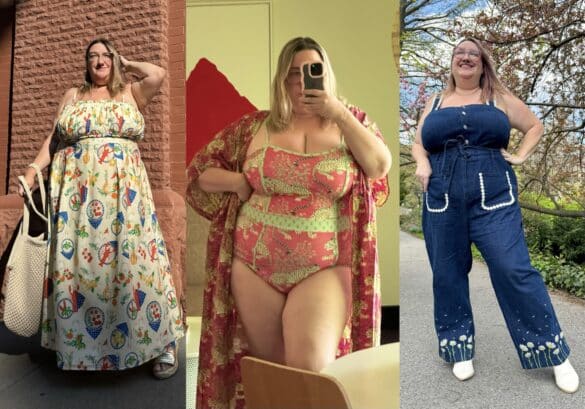 Sarah wearing three plus size clothing items that are marked down during the 2024 Labor Day holiday weekend sales, from left to right: Eloquii lobster and tomato print cotton maxi dress, Printfresh pink tiger swimsuit and coverup, and Rachel Antonoff daisy detail denim jumpsuit.