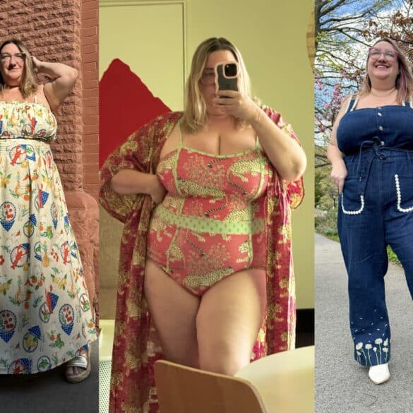 Sarah wearing three plus size clothing items that are marked down during the 2024 Labor Day holiday weekend sales, from left to right: Eloquii lobster and tomato print cotton maxi dress, Printfresh pink tiger swimsuit and coverup, and Rachel Antonoff daisy detail denim jumpsuit.