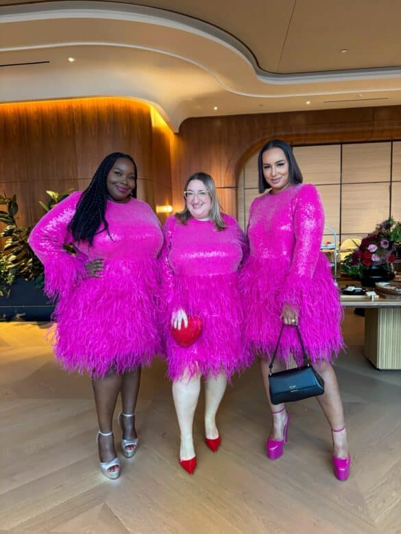 Sarah Chiwaya stands between fellow plus size style bloggers Alissa Wilson and Rochelle Johnson, all three wearing the pink sequined Kate Spade x Eloquii dress with feather trim