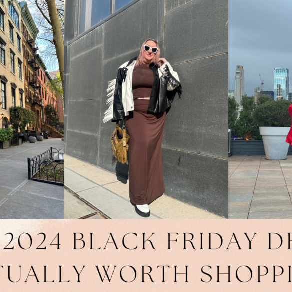 Photo collage of three photos of Sarah Chiwaya in outfits from AFRM, Gia IRL, and Baacal, with the text "The 2024 Black Friday Deals Actually Worth Shopping"