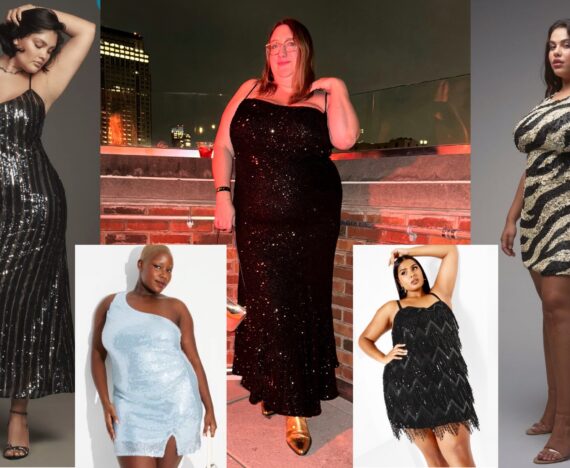 A photo collage of five plus size New Year's Eve party dresses, from left to right: Model in Anthropologie black sequin dress; small picture of model in ice blue sequin asymmetrical Target mini dress; Sarah in long Never Fully Dressed mermaid sequin dress; small photo of model in black fringe sequin City Chic mini dress; and model in mini zebra motif sequin dress from Wolf and Badger