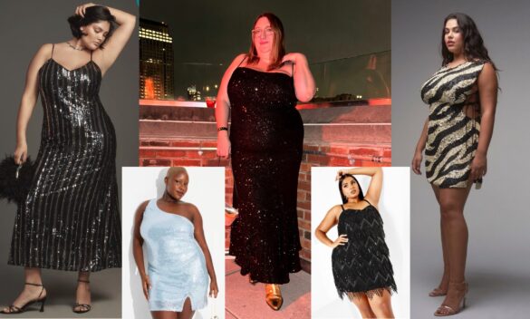 A photo collage of five plus size New Year's Eve party dresses, from left to right: Model in Anthropologie black sequin dress; small picture of model in ice blue sequin asymmetrical Target mini dress; Sarah in long Never Fully Dressed mermaid sequin dress; small photo of model in black fringe sequin City Chic mini dress; and model in mini zebra motif sequin dress from Wolf and Badger