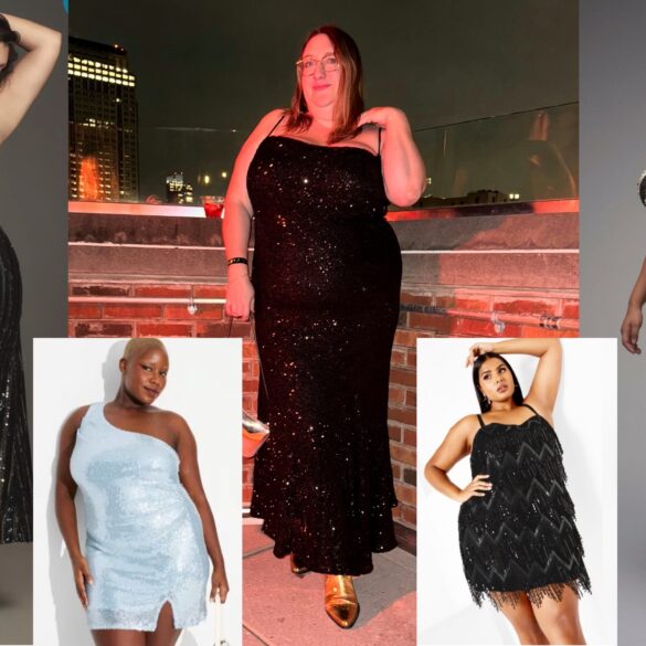 A photo collage of five plus size New Year's Eve party dresses, from left to right: Model in Anthropologie black sequin dress; small picture of model in ice blue sequin asymmetrical Target mini dress; Sarah in long Never Fully Dressed mermaid sequin dress; small photo of model in black fringe sequin City Chic mini dress; and model in mini zebra motif sequin dress from Wolf and Badger