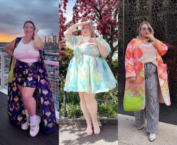 Collage of Sarah Chiwaya in three colorful, joyful plus size outfits (from left to right: Renee Cafaro Atelier runway couture, multicolored Selkie puff dress, and a mixed print outfit featuring a long quilted coat from Tamara Malas)