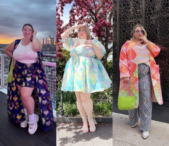 Collage of Sarah Chiwaya in three colorful, joyful plus size outfits (from left to right: Renee Cafaro Atelier runway couture, multicolored Selkie puff dress, and a mixed print outfit featuring a long quilted coat from Tamara Malas)