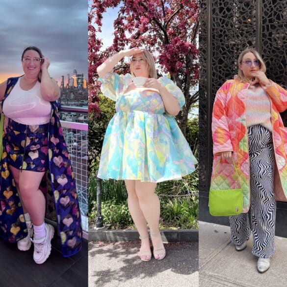 Collage of Sarah Chiwaya in three colorful, joyful plus size outfits (from left to right: Renee Cafaro Atelier runway couture, multicolored Selkie puff dress, and a mixed print outfit featuring a long quilted coat from Tamara Malas)