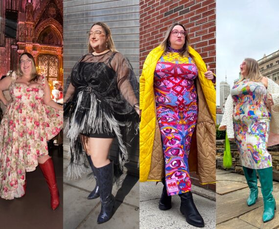 Collage of Sarah Chiwaya in four NYFW looks, as follows from left to right: Asymmetric strawberry print Selkie dress with red knee high boots, byVinnik fringe cape and blue and black western boots, eye print Beautiful Genius dress and long yellow quilted coat, and pleated abstract print Tamara Malas dress with green Western boots