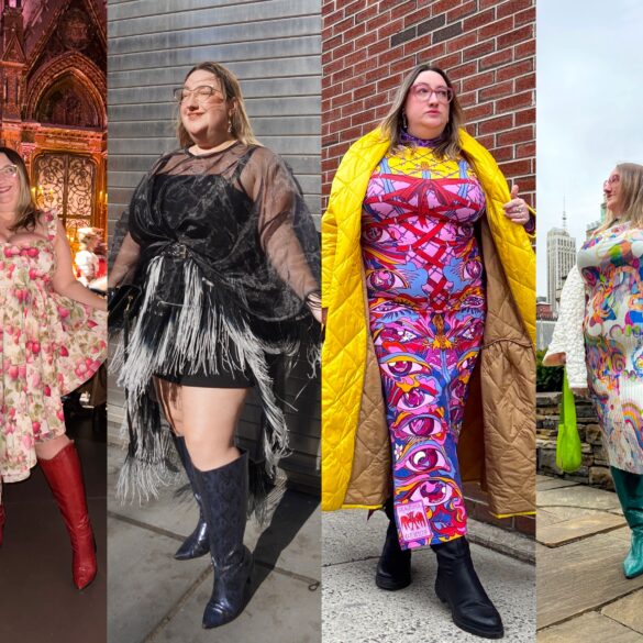 Collage of Sarah Chiwaya in four NYFW looks, as follows from left to right: Asymmetric strawberry print Selkie dress with red knee high boots, byVinnik fringe cape and blue and black western boots, eye print Beautiful Genius dress and long yellow quilted coat, and pleated abstract print Tamara Malas dress with green Western boots