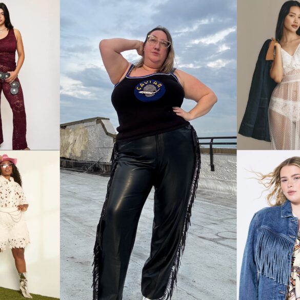 Collage of Western inspired outfits for the Curvily plus size Cowboy Carter shopping guide, with author Sarah Chiwaya in the center image wearing a Rachel Antonoff "Caviar" tank top and Eloquii faux leather pants with fringe down the sides.