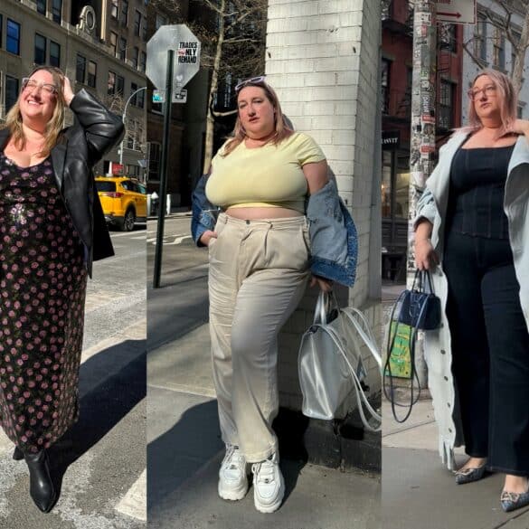Plus Size Memorial Day Weekend Sales 2025 featuring images of Sarah Chiwaya in outfits on sale, from left to right: Sarah in an Eloquii x Kate Spade floral sequin maxi dress; Sarah in a butter yellow crop top and What Lo Wants khaki tencel pants; and Sarah in dark wash plus size denim from Warp + Weft