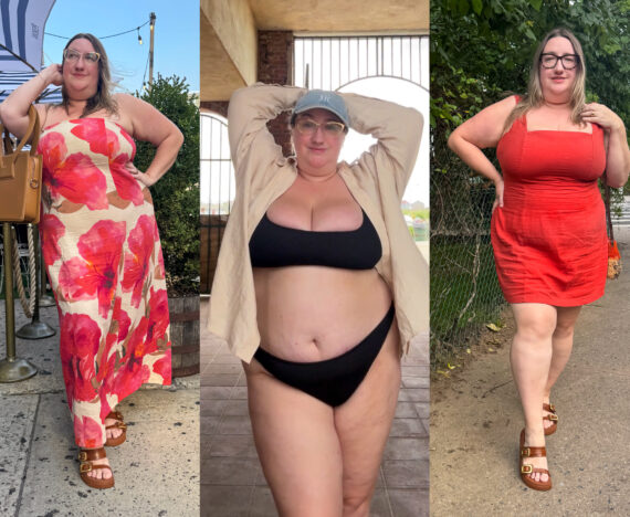 Sarah in three outfits featuring plus size linen, from left to right: A linen column dress from Anthropologie, a black bikini with a Lane Bryant button down as a beach coverup, and a linen Old Navy mini dress.
