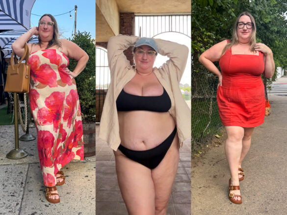 Sarah in three outfits featuring plus size linen, from left to right: A linen column dress from Anthropologie, a black bikini with a Lane Bryant button down as a beach coverup, and a linen Old Navy mini dress.