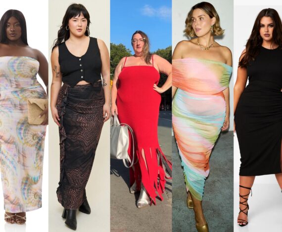 A collage of summer plus size looks all on sale, from left to right: A shell dress from AFRM on model, a vest and mesg skirt look from What Lo Wants on model, a fringe hem red dress from Eloquii on author Sarah Chiwaya, a pastel rainbow ombre dress from Never Fully Dressed, and a little black midi dress from Rebdolls