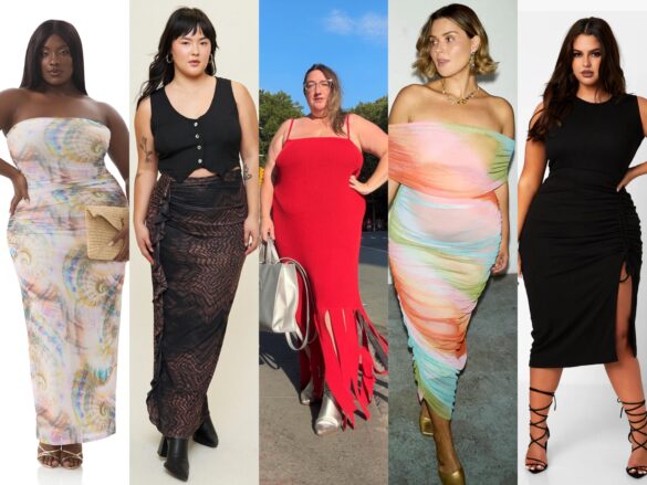 A collage of summer plus size looks all on sale, from left to right: A shell dress from AFRM on model, a vest and mesg skirt look from What Lo Wants on model, a fringe hem red dress from Eloquii on author Sarah Chiwaya, a pastel rainbow ombre dress from Never Fully Dressed, and a little black midi dress from Rebdolls