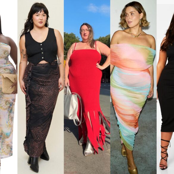 A collage of summer plus size looks all on sale, from left to right: A shell dress from AFRM on model, a vest and mesg skirt look from What Lo Wants on model, a fringe hem red dress from Eloquii on author Sarah Chiwaya, a pastel rainbow ombre dress from Never Fully Dressed, and a little black midi dress from Rebdolls