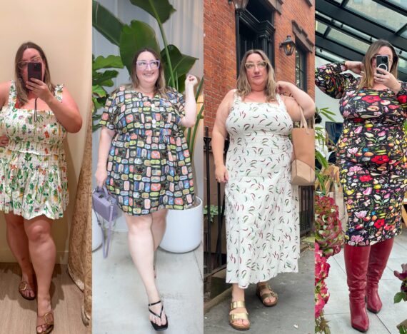 Sarah Chiwaya in four food print dresses, from left to right: A mini Hill House Home nap dress with a garden vegetable print; a babydoll mini Rachel Antonoff Howard Dress in a sardine tin print; a white midi Abercrombie pepper print dress; and a Samantha Pleet Harvest print bodycon mini dress