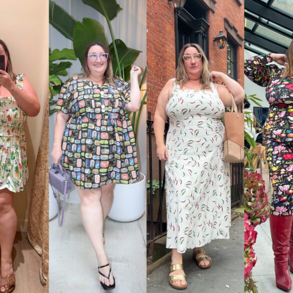 Sarah Chiwaya in four food print dresses, from left to right: A mini Hill House Home nap dress with a garden vegetable print; a babydoll mini Rachel Antonoff Howard Dress in a sardine tin print; a white midi Abercrombie pepper print dress; and a Samantha Pleet Harvest print bodycon mini dress