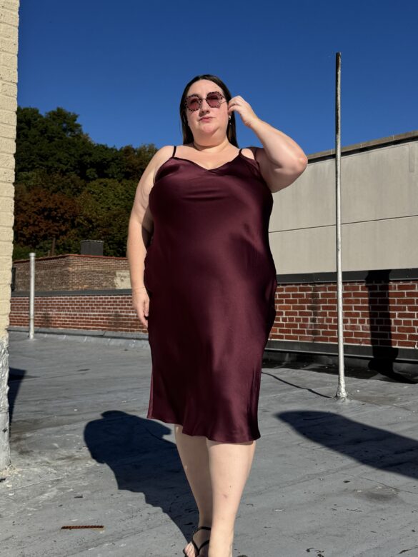 Plus size Quince silk slip dress on a real size 18/20 body