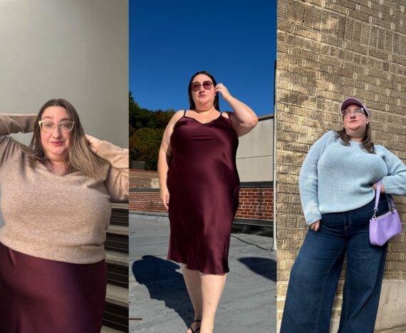 Collage of three photos of author Sarah Chiwaya wearing a plus size Quince cashmere sweater, a Quince plus size silk slip dress, and a Quince 100% cotton sweater