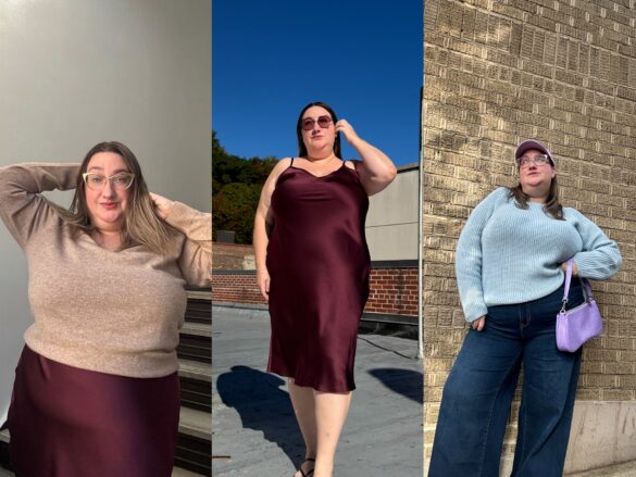 Collage of three photos of author Sarah Chiwaya wearing a plus size Quince cashmere sweater, a Quince plus size silk slip dress, and a Quince 100% cotton sweater