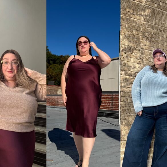 Collage of three photos of author Sarah Chiwaya wearing a plus size Quince cashmere sweater, a Quince plus size silk slip dress, and a Quince 100% cotton sweater