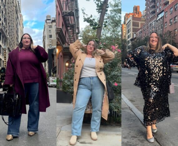 Collage of Sarah Chiwaya in three looks, left to right: Monochrome purple sweater and coat jeans look, tank top, jeans, and trench coat look, and coordinated paillette sequin top and midi skirt.