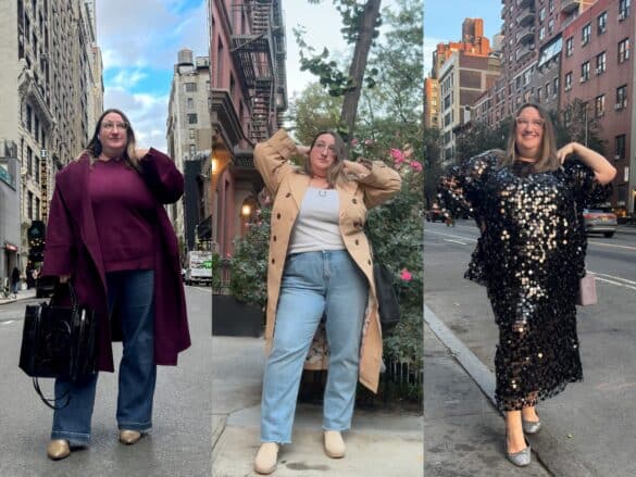 Collage of Sarah Chiwaya in three looks, left to right: Monochrome purple sweater and coat jeans look, tank top, jeans, and trench coat look, and coordinated paillette sequin top and midi skirt.