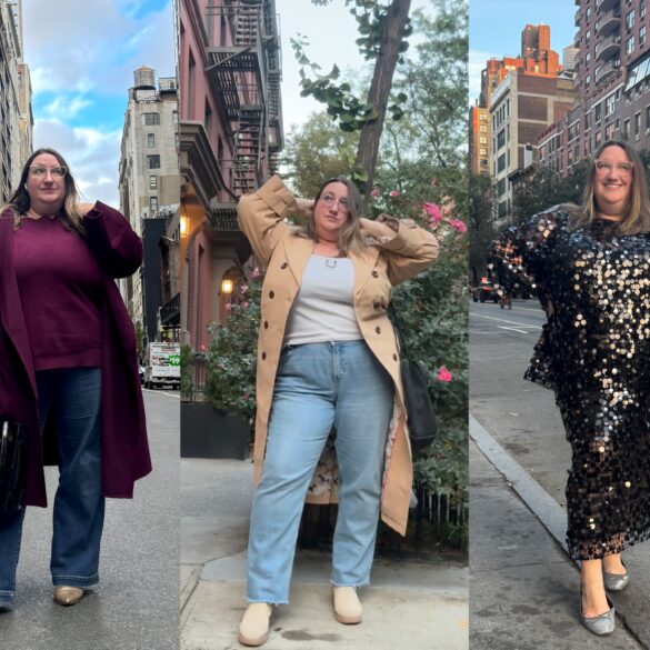 Collage of Sarah Chiwaya in three looks, left to right: Monochrome purple sweater and coat jeans look, tank top, jeans, and trench coat look, and coordinated paillette sequin top and midi skirt.