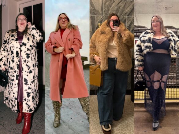 Collage of Sarah Chiwaya in four outfits featuring plus size coats. Left to right: In a Dalmatian spot print faux fur maxi long coat; in a heavy wool car coat; in an oversized fluffy faux fur; and in a cropped striped faux fur jacket.