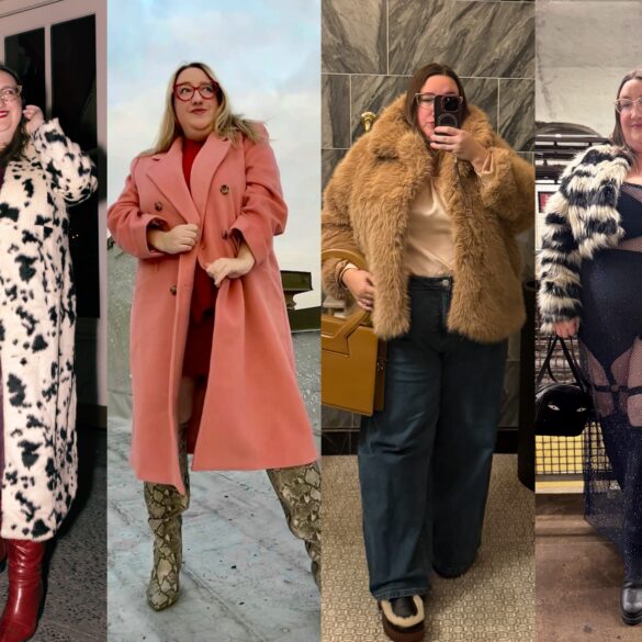 Collage of Sarah Chiwaya in four outfits featuring plus size coats. Left to right: In a Dalmatian spot print faux fur maxi long coat; in a heavy wool car coat; in an oversized fluffy faux fur; and in a cropped striped faux fur jacket.