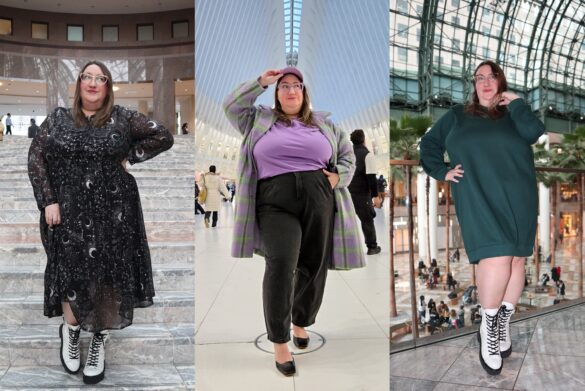 Collage of author Sarah Chiwaya wearing three full plus size Ulla Popken looks, from left to right: A celestial rint black and silver chiffon midi dress; a purple plaid coat, black balloon jeans, and a purple tee shirt; and a deep green sweatshirt dress.