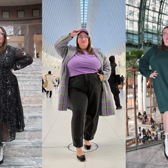 Collage of author Sarah Chiwaya wearing three full plus size Ulla Popken looks, from left to right: A celestial rint black and silver chiffon midi dress; a purple plaid coat, black balloon jeans, and a purple tee shirt; and a deep green sweatshirt dress.