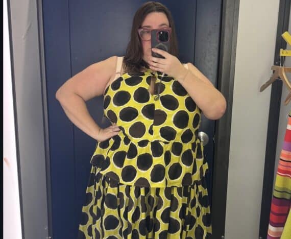 Sarah tries on the yellow polka dot top and skirt from the Christopher John Rogers x Old Navy collab