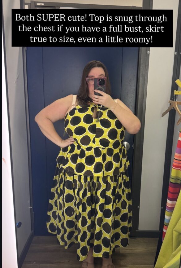 Sarah tries on the yellow polka dot top and skirt from the Christopher John Rogers x Old Navy collab