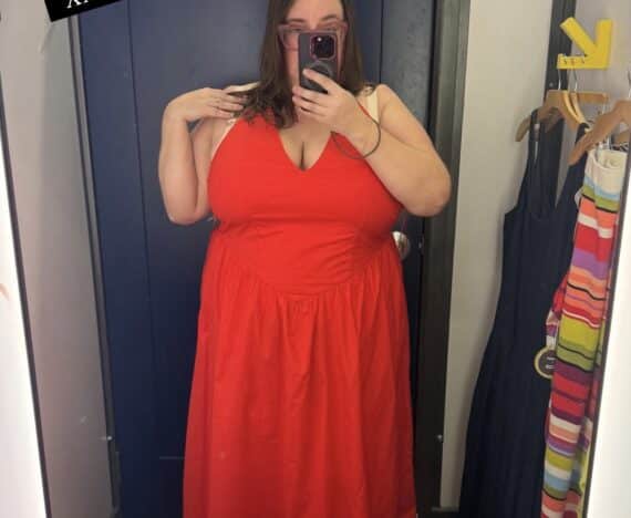 Sarah tries on the red cotton halter neck dress from the Christopher John Rogers x Old Navy collab