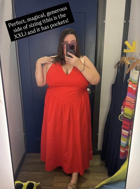 Sarah tries on the red cotton halter neck dress from the Christopher John Rogers x Old Navy collab