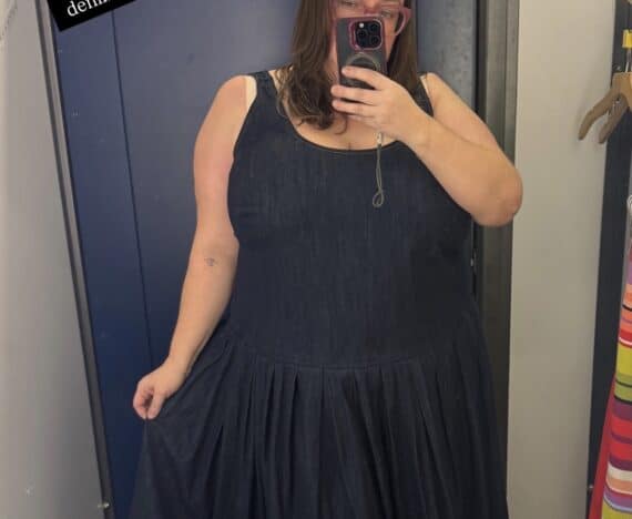 Sarah tries on the denim drop waist dress from the Christopher John Rogers x Old Navy collab