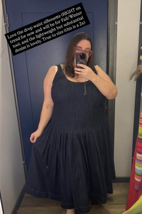 Sarah tries on the denim drop waist dress from the Christopher John Rogers x Old Navy collab