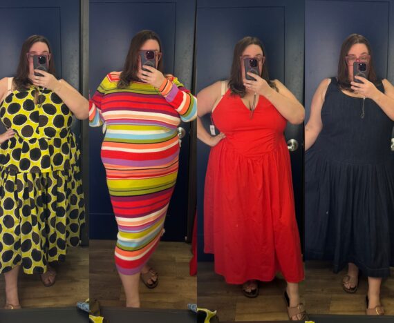 Collage of Sarah Chiwaya trying on four looks from the new Christopher John Rogers x Old Navy collab