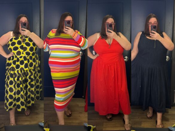 Collage of Sarah Chiwaya trying on four looks from the new Christopher John Rogers x Old Navy collab