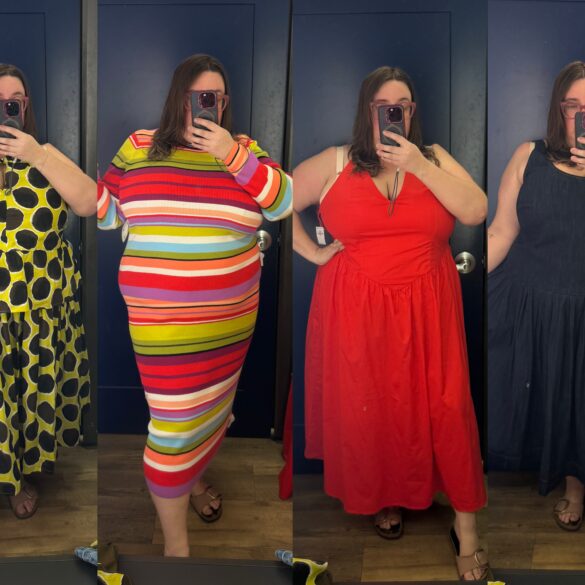 Collage of Sarah Chiwaya trying on four looks from the new Christopher John Rogers x Old Navy collab